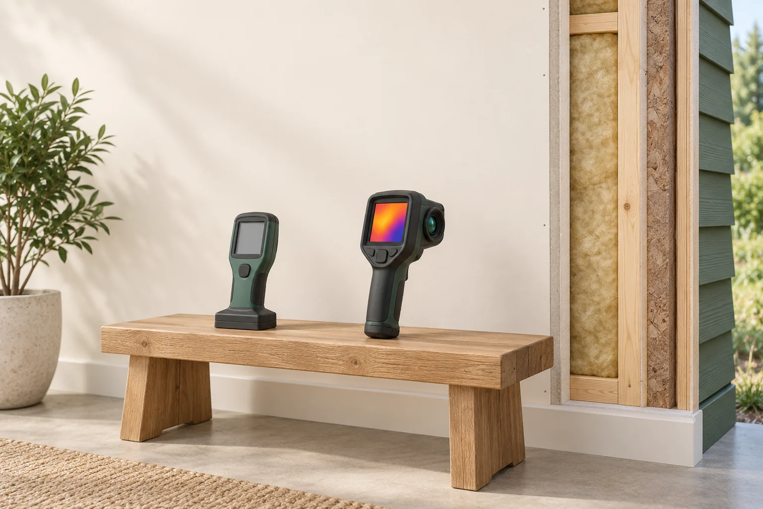 Unused generic moisture meter with blank screen and thermal camera with abstract colour field sit on a bench beside a wall-layer cutaway.