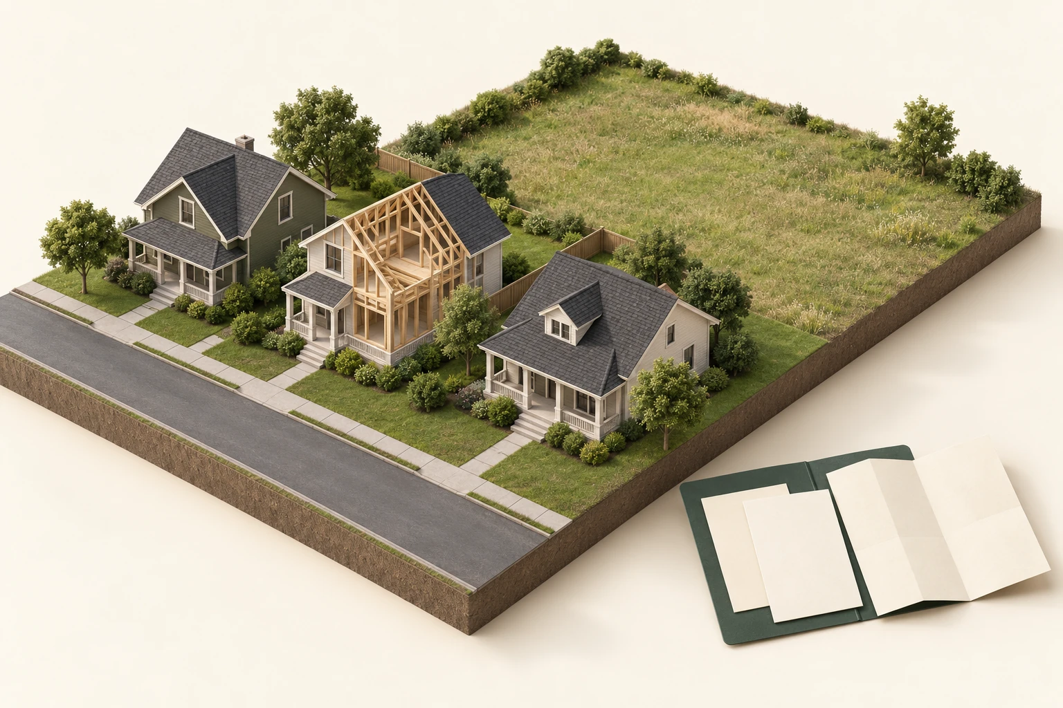 Illustrated neighbourhood model with one exposed house frame, surrounding land and a folder of records