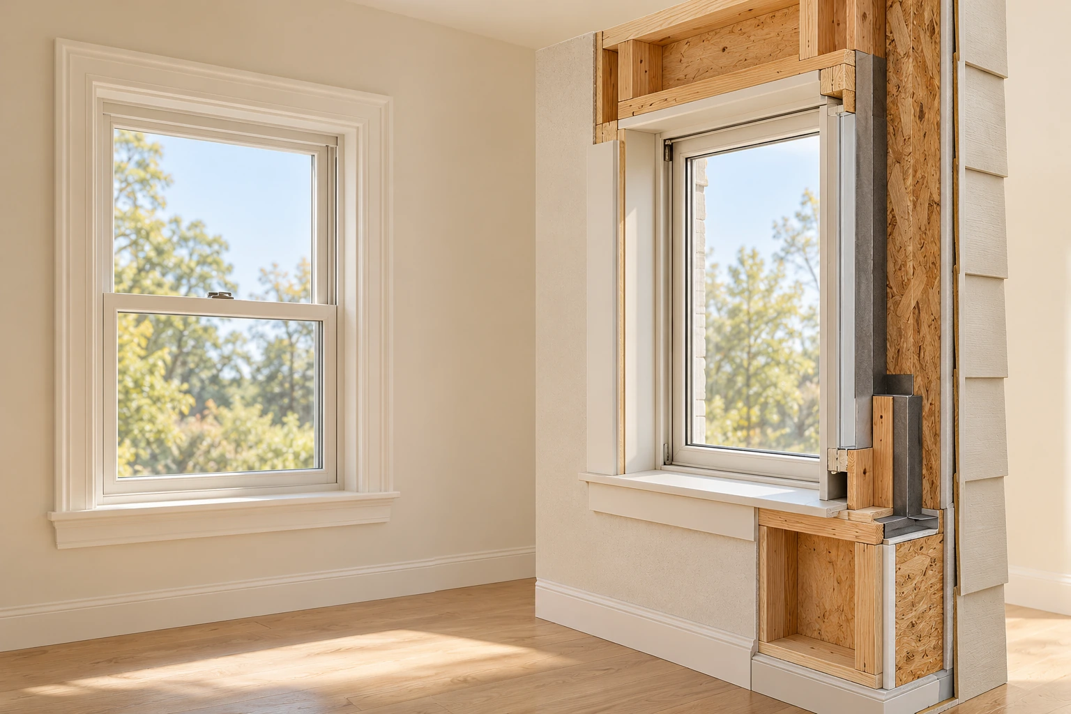 A finished window and an open junction show different things. A finished window at left is paired with a separate cutaway at right showing frame edges, timber, sheathing, outer finish and short dark interface pieces. The open specimen makes the meeting of parts visible without establishing the complete concealed route.