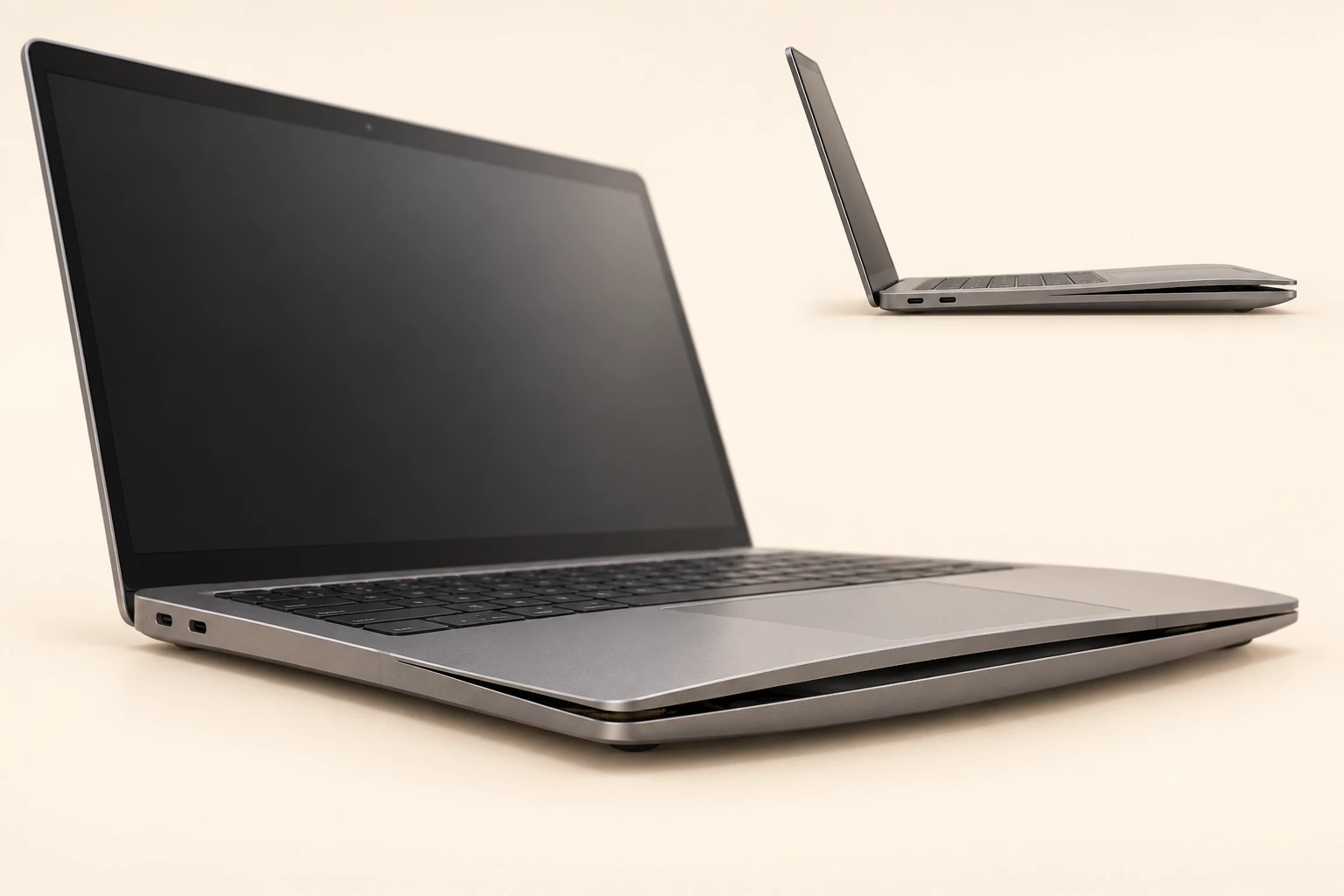 Unplugged laptop with a bowed lower front enclosure and opening seam, with a second side view of the same exterior change.