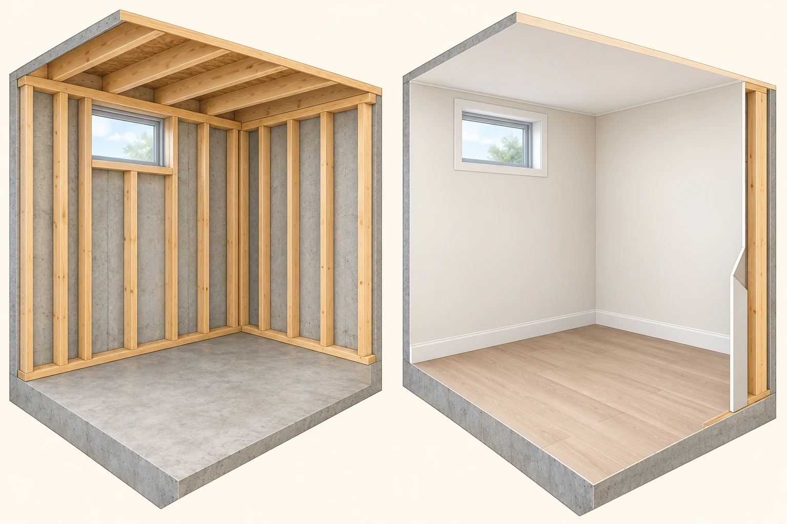 Matching room corners show open timber framing and a concrete floor beside a finished version with the same window, wall arrangement and a small pulled-away finish edge.