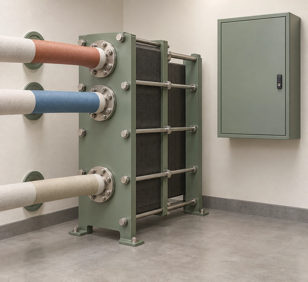 Generic plate-style closed equipment and cabinet context; three visible pipe connections do not establish topology, separation or any Blatchford installation.