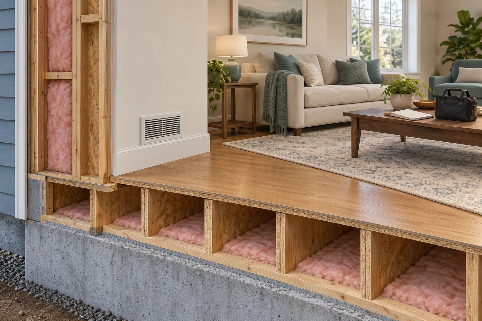 The furnished room sits above a teaching cutaway of floor, wall insulation and an intact grille. Finished appearance locates the handover milestone while the text distinguishes work, cleanup, restored services and use instructions.