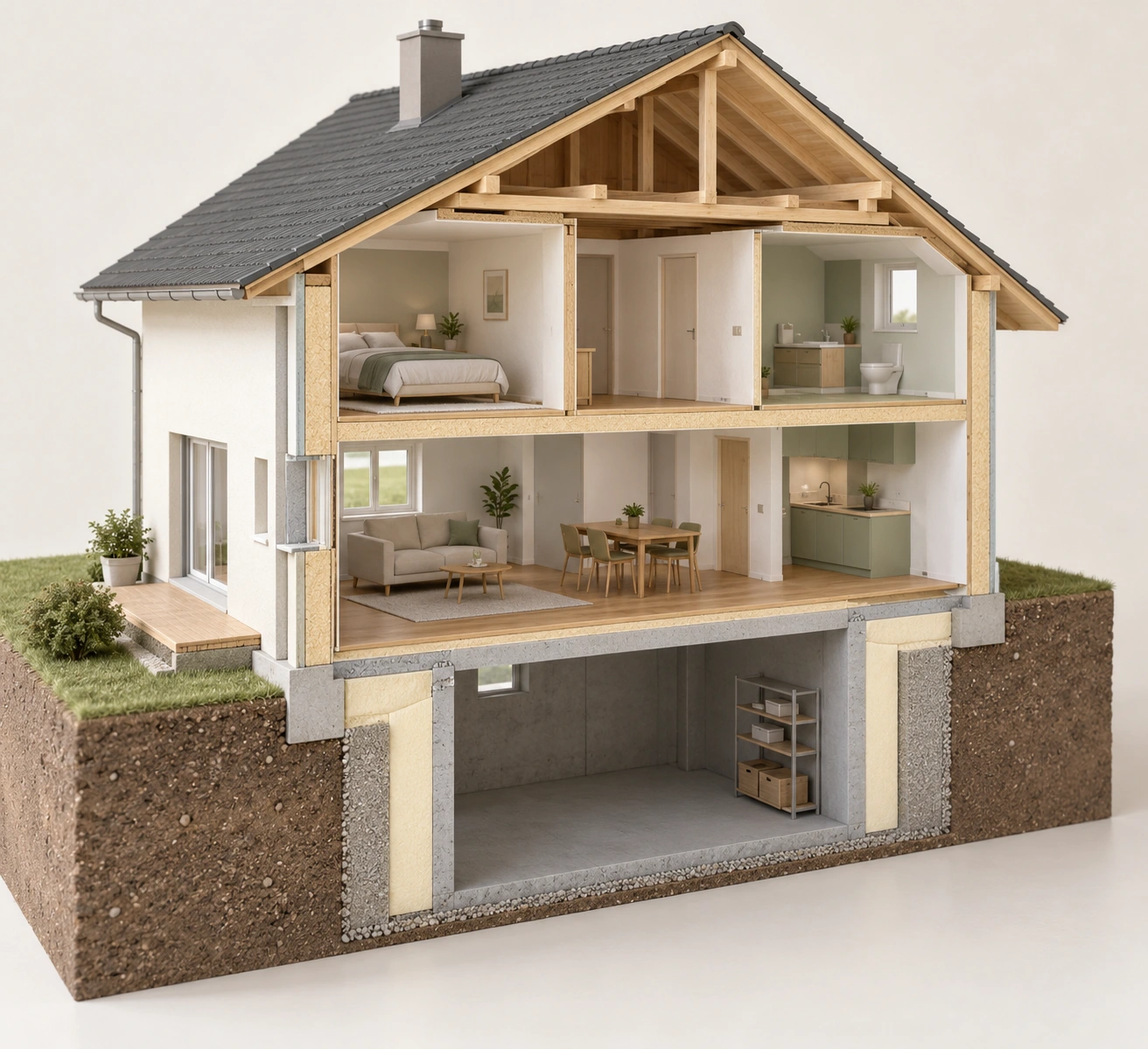 Whole-house cutaway shows rooms above basement and limited foam-like/gray wall-edge material; exact wall layers and extent require records/native diagram.