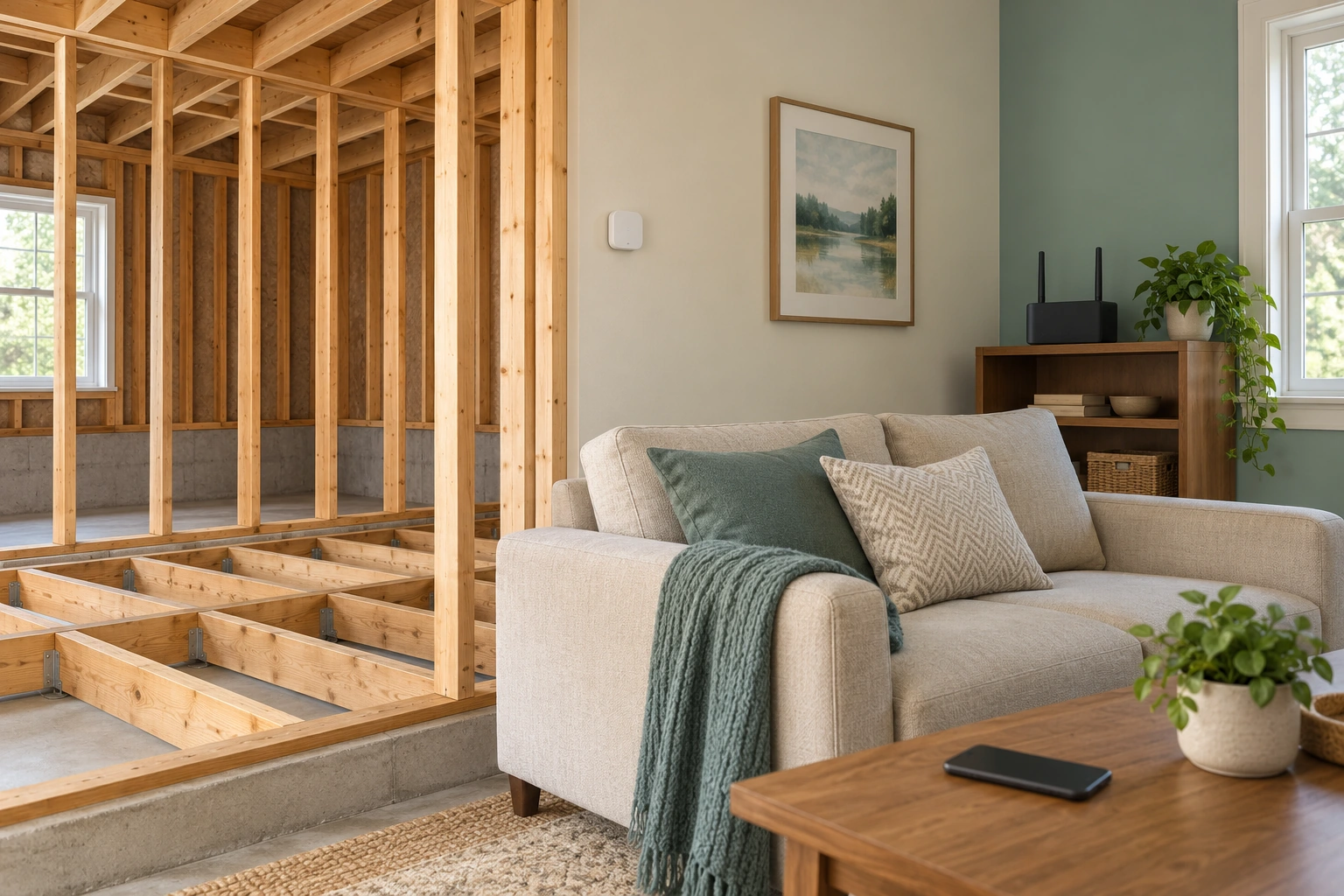 A plain wall sensor, closed router and dark phone appear as separate objects in a living-room cutaway.