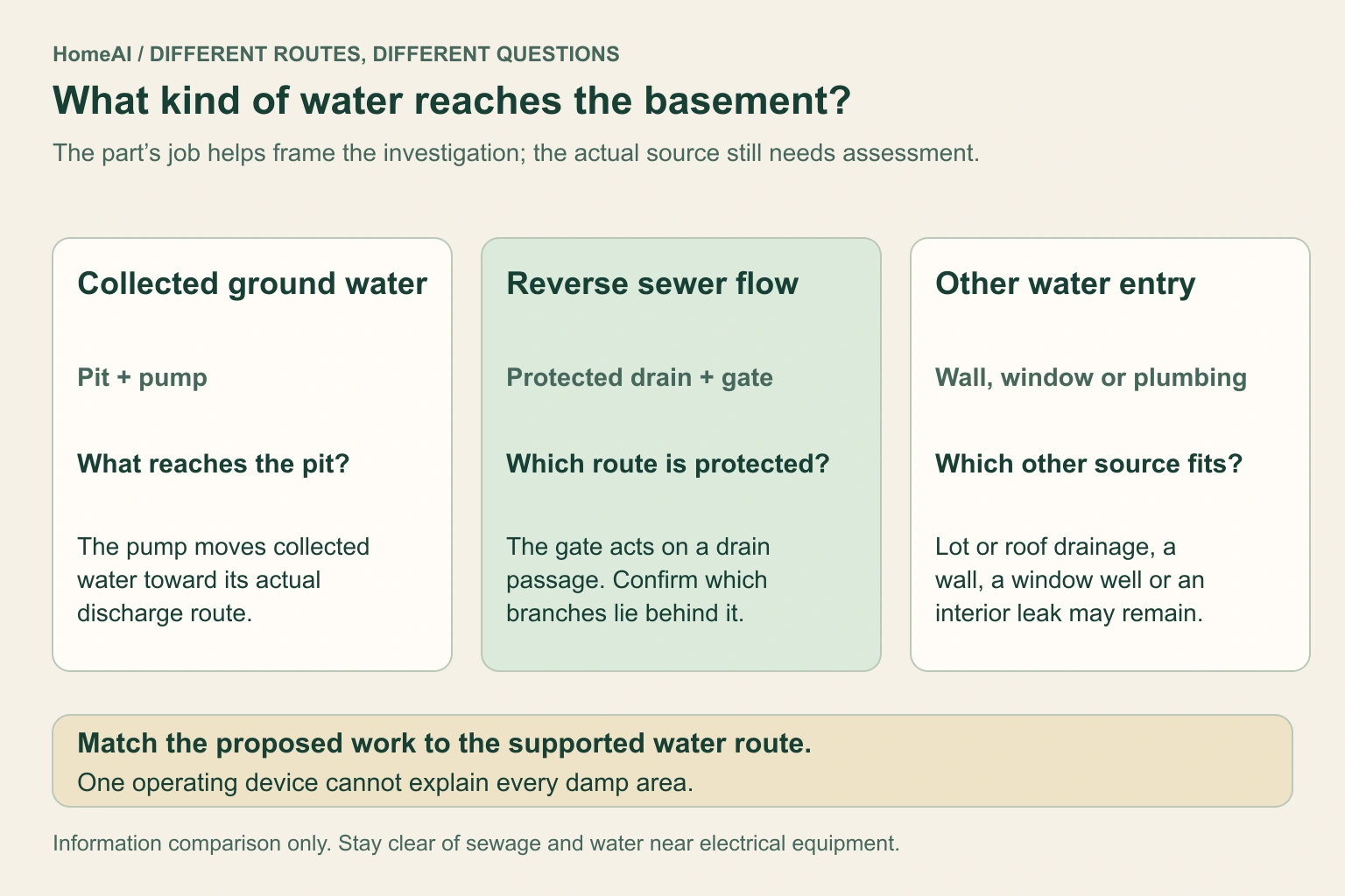 Three clearly separated conceptual cards distinguish collected ground water reaching a sump, reverse sewer flow on a protected drain route, and other water entry such as walls, window wells or interior plumbing. Each card names the relevant part’s job and a next question. No actual flood source, dry-basement guarantee or approved drainage design is shown.