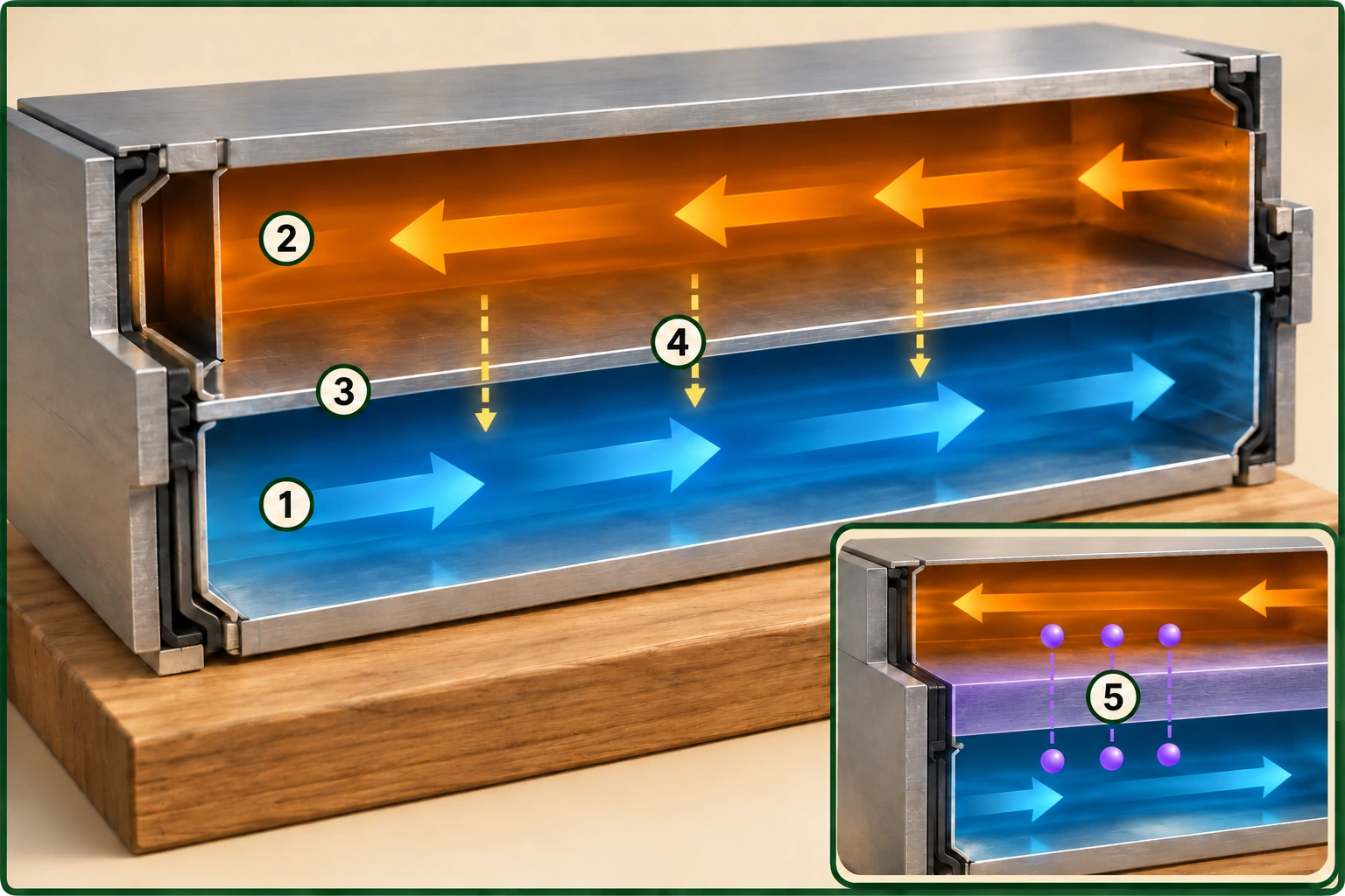 Close-up of neighbouring incoming and outgoing core passages with heat-transfer arrows across their separating material and a separate ERV moisture-transfer inset.
