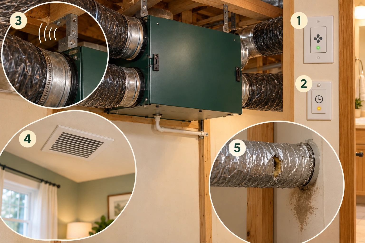 Closed ventilator and external control with nearby views of a boost control, affected grille and visible duct-jacket stain to support a precise service description.