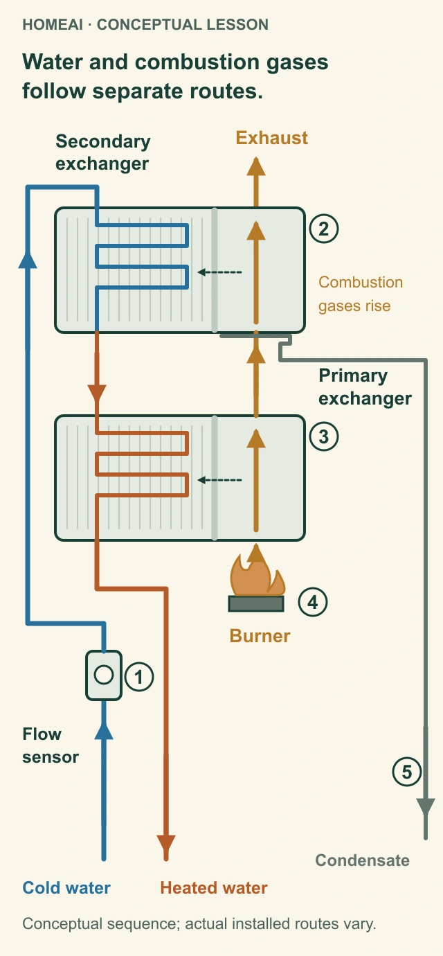 Original two-fluid conceptual diagram traces cold water through a flow sensor, secondary exchanger and primary exchanger to a heated-water outlet, with separate rising burner gases and a condensate drain.