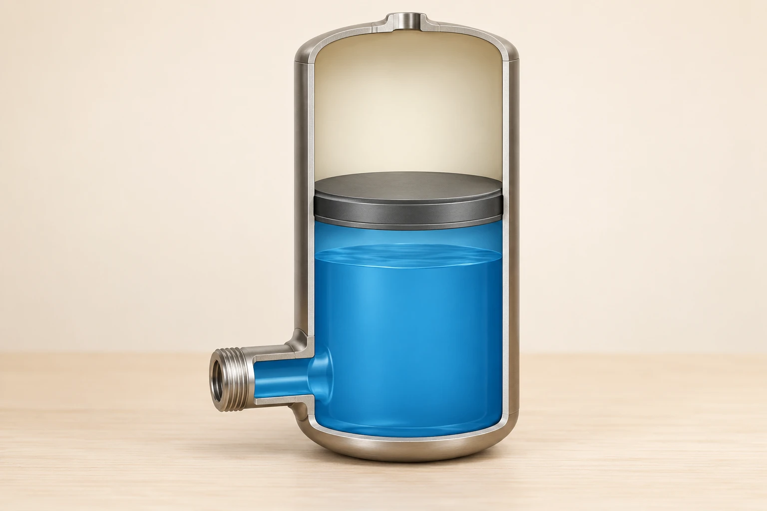 A generic disconnected cylinder cutaway has blue water below a separating disk and an enclosed air space above it.